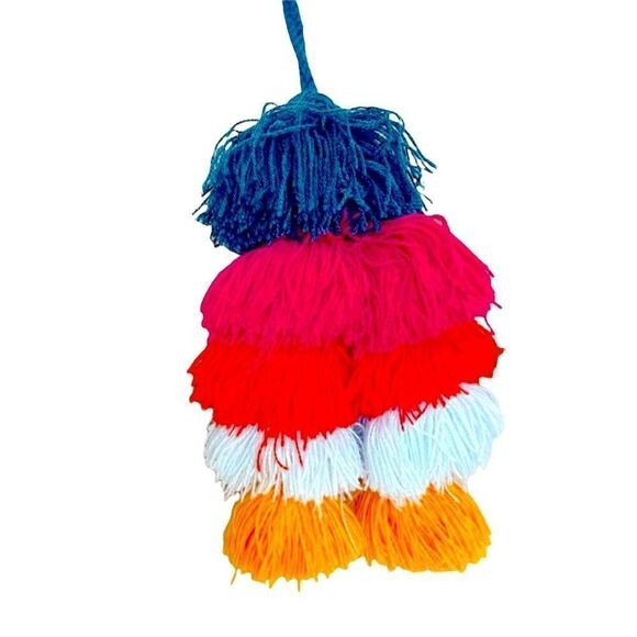 Beach boho chic woven style tote book day bag with yarn pom pom tassel - Picture 6 of 6